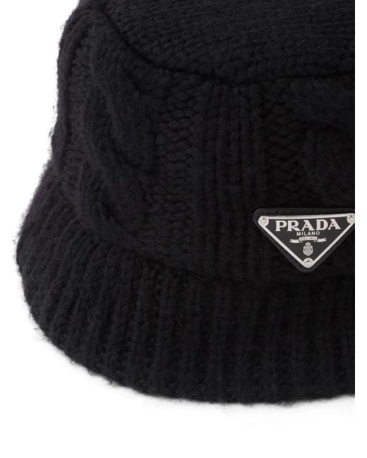 Prada Black Triangle-Logo Wool Bucket Hat