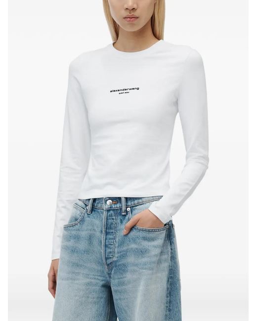 Alexander Wang White Fitted Ls Tee W/ Logo Print