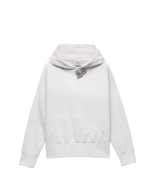 Prada White Cotton Fleece Hoodie With Jewel Brooch
