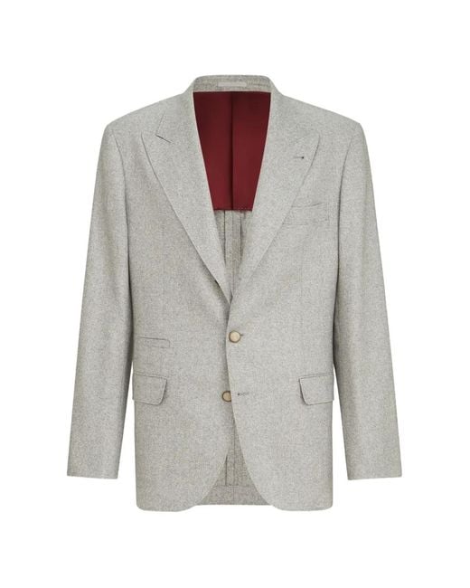 Brunello Cucinelli Gray Silk And Cashmere Cavalry Tweed Deconstructed Blazer With Large Peak Lapels for men