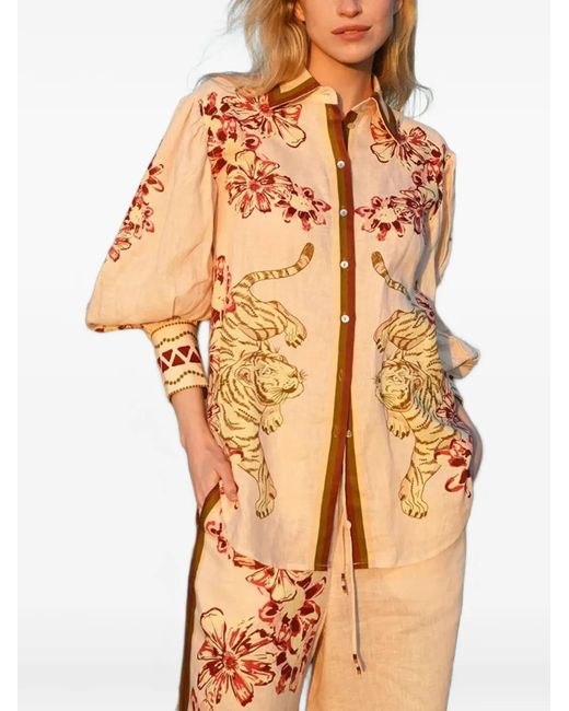 Las Sureñas Natural Flower Tiger-Print Silk Shirt
