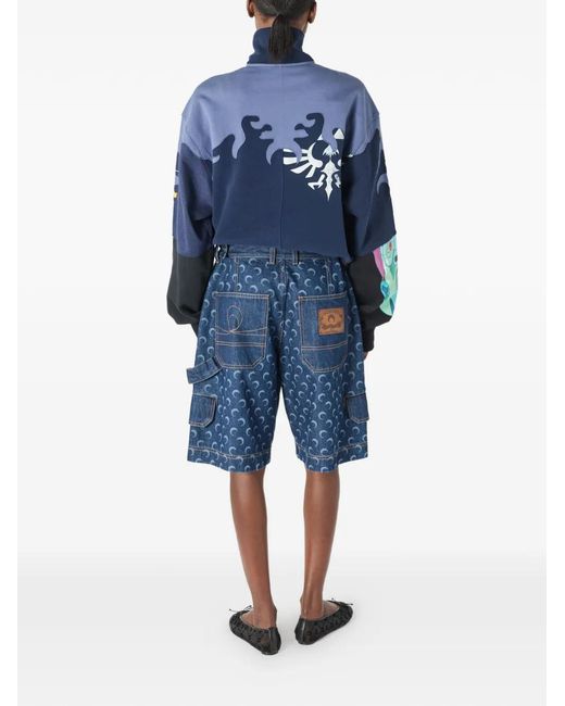 MARINE SERRE Blue Moon-Print Denim Shorts