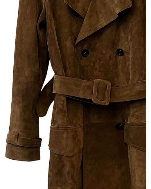 Saint Laurent Brown Double-Breasted Suede Long Trench-Coat