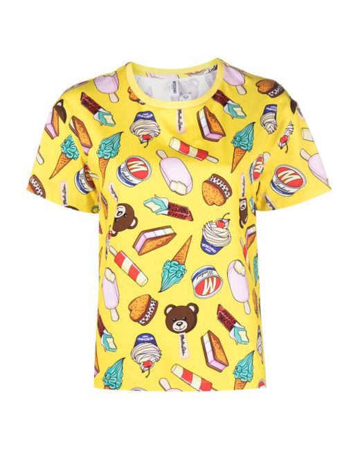 Moschino T-shirt Van Stretchkatoen Met Teddybeerprint in het Yellow