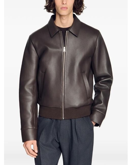 Sandro Brown Lambskin Zip-Up Jacket for men