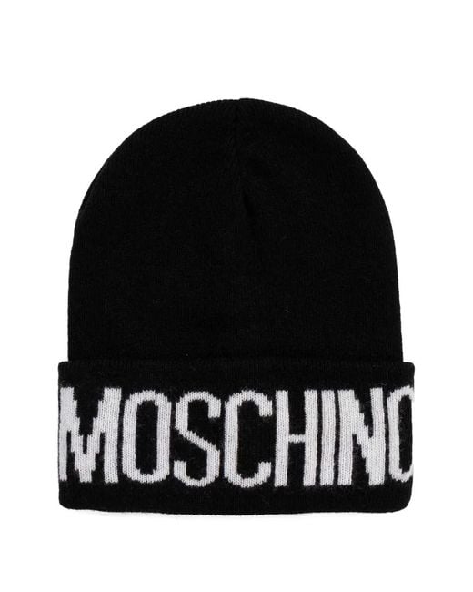 Moschino Black Bonnet À Logo En Intarsia Et Ourlet Retroussé
