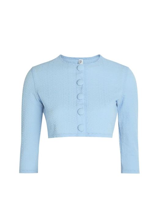 Lisa Marie Fernandez Blue Seersucker Cropped-Cardigan Bikini Top