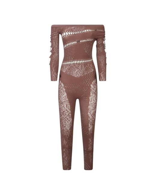 POSTER GIRL Brown Off-Shoulder Lace Jumpsuit