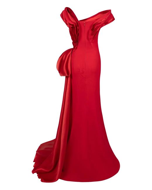 Gaby Charbachy Red Ruffled Bow-Embellished Evening Gown