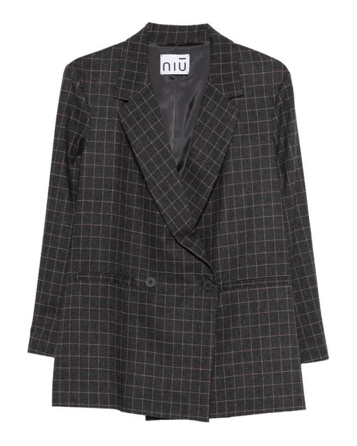 Niu Black Double-Breasted Check Blazer
