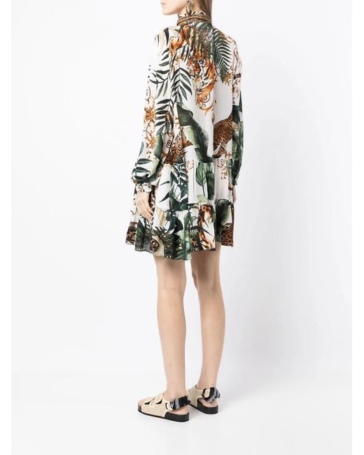 Camilla White Tiger-Print Tiered Shirtdress