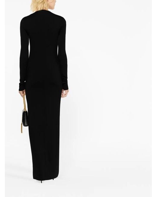 Saint Laurent Black Plunge-Neck Wool Maxi Dress