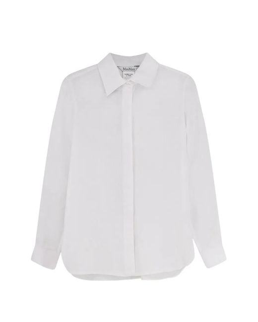 Max Mara White Falasco Linen Shirt With Hidden Button Closure And Monogram Embroidery