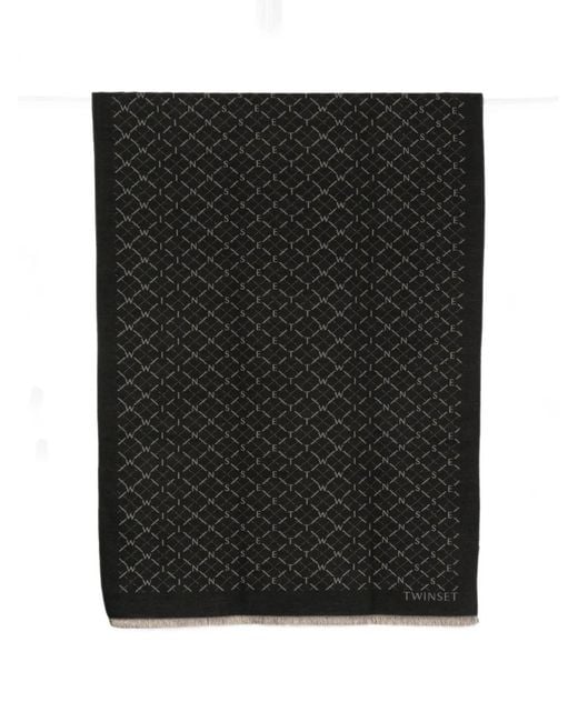 Twinset Black Logo-Pattern Frayed Scarf
