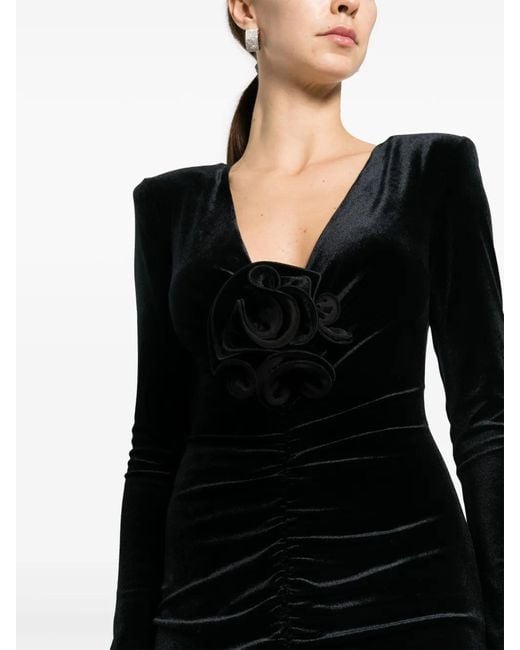 Nissa Black Floral-Detail Velvet Maxi Dress