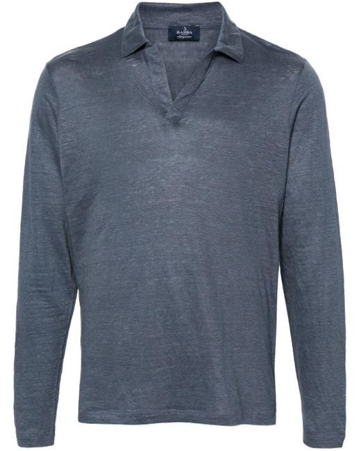 Barba Napoli Blue Long-sleeve Linen Polo Shirt for men