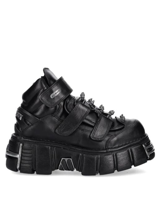 New Rock Black Studded-Strap Sneakers
