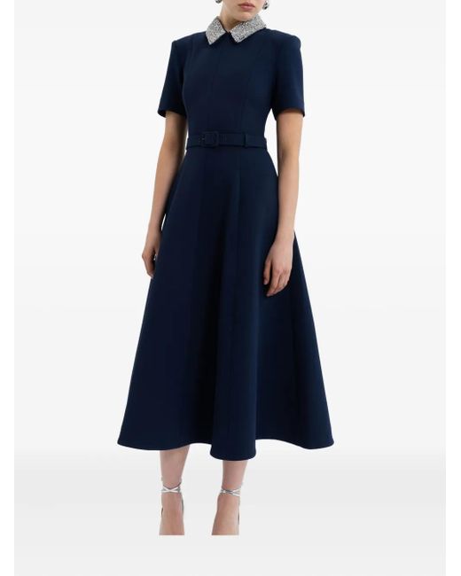 Rebecca Vallance Blue Embellished-Collar Belted Dress