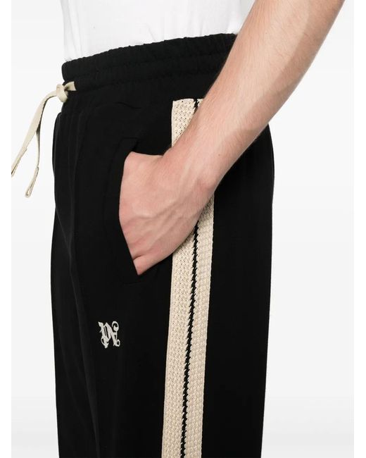 Palm Angels Black Monogram-Embroidered Piqué-Weave Trousers for men