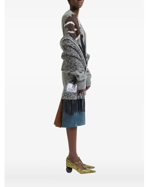 Marni Gray Floral-Appliqué V-Neck Cardigan