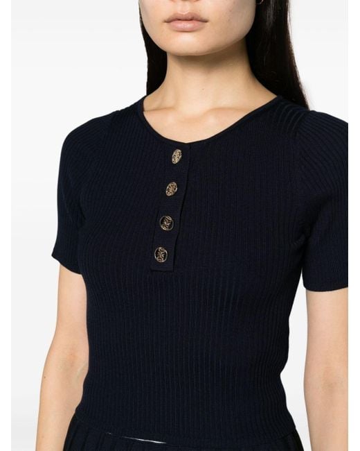 Sandro Blue Ribbed-knit Button-up Top