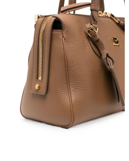 Dolce & Gabbana Brown Logo-Plaque Pebbled-Leather Tote Bag
