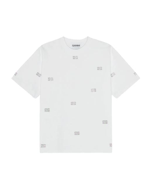 Ganni White Rhinestone-Embellished Cotton T-Shirt