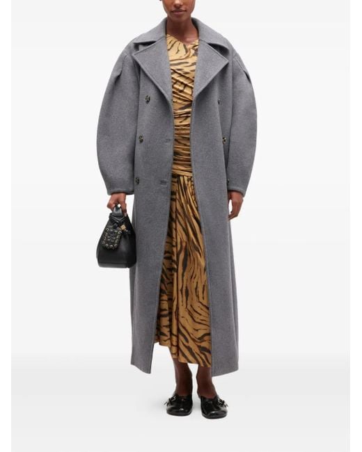 Ganni Gray Balloon-Sleeves Double-Breasted Coat