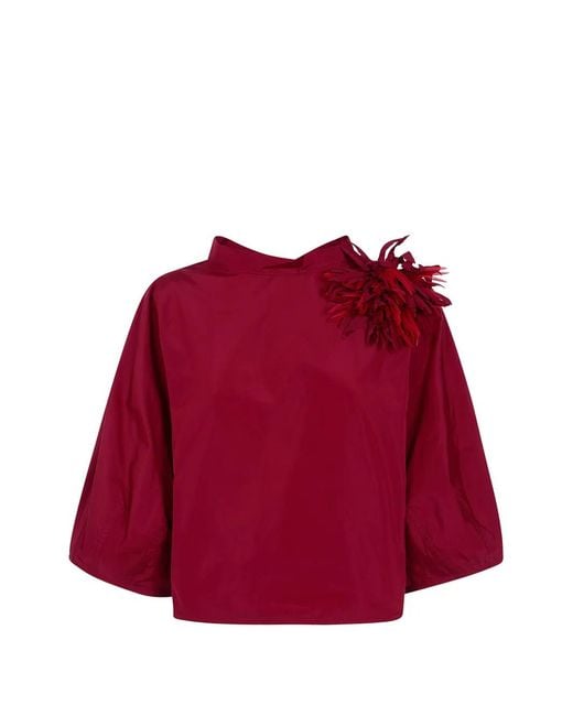 Liviana Conti Red Floral-Appliqué Bow-Detail Blouse