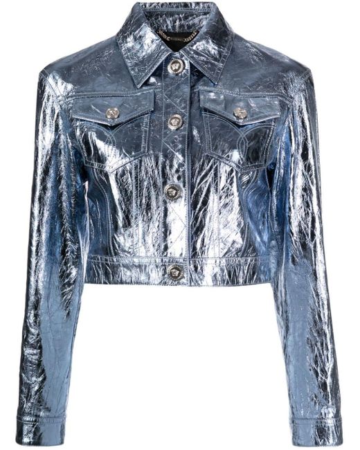 Versace Blue X Dua Lipa Metallic-effect Leather Jacket