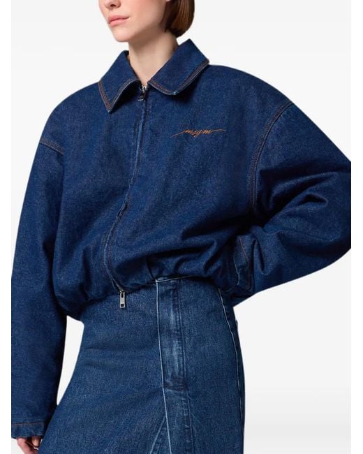 MSGM Blue Logo-Embroidered Denim Jacket