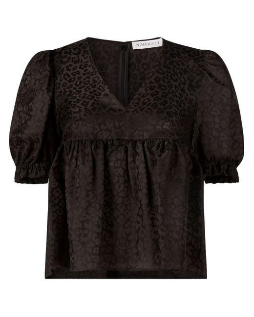 Nina Ricci Black Babydoll-Bluse aus Leoparden-Jacquard