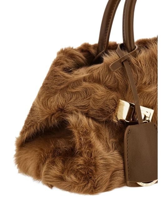 Ferragamo Brown Mini Hug Shearling Buckle Cross Body Bag