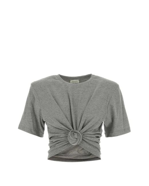 Magda Butrym Gray Knot-Detail Padded-Shoulder T-Shirt