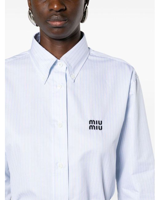 Miu Miu White Gestreiftes Hemd mit Logo-Stickerei