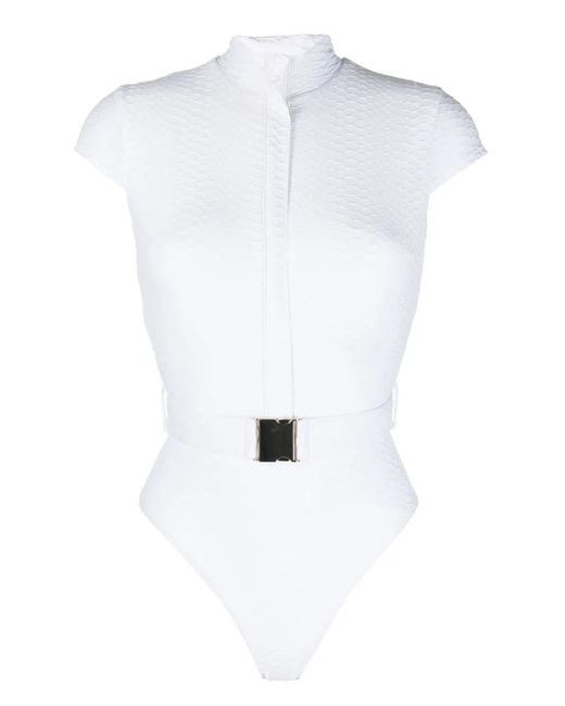 Noire Swimwear White Belted Cap-Sleeve Swimsuit