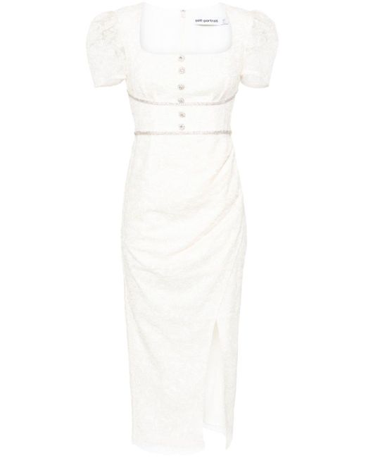 Self-Portrait Midi-jurk Met Gedrapeerd Detail in het White