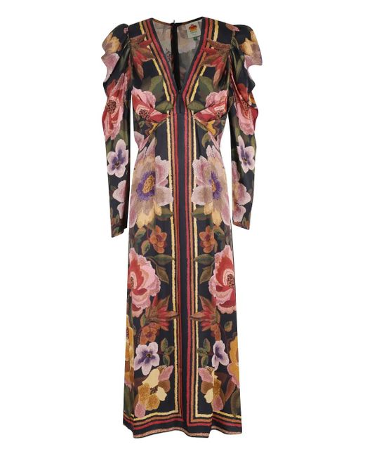 Robe Mi-Longue Volantée À Fleurs Farm Rio en coloris Black