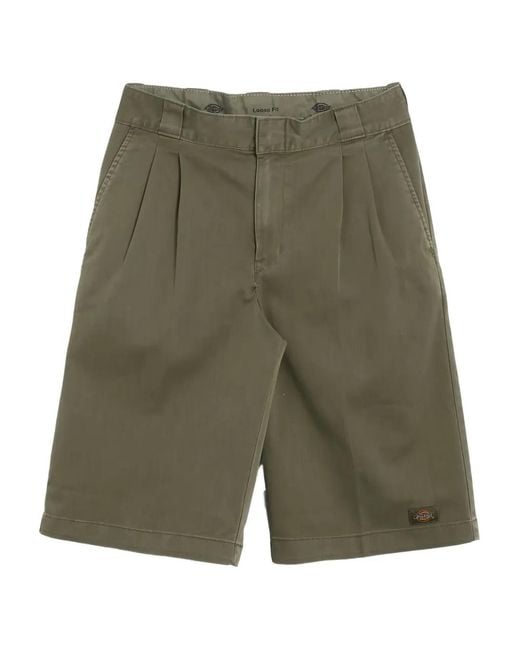 Dickies Green Pleated Logo-Patch Shorts for men