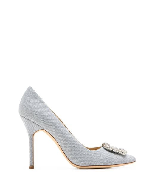 Manolo Blahnik White Hangisi Crystal-Buckle Pumps