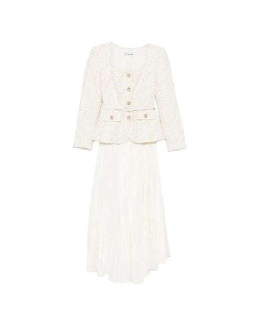 Self-Portrait White Bouclé-Knit Pleated Midi Dress