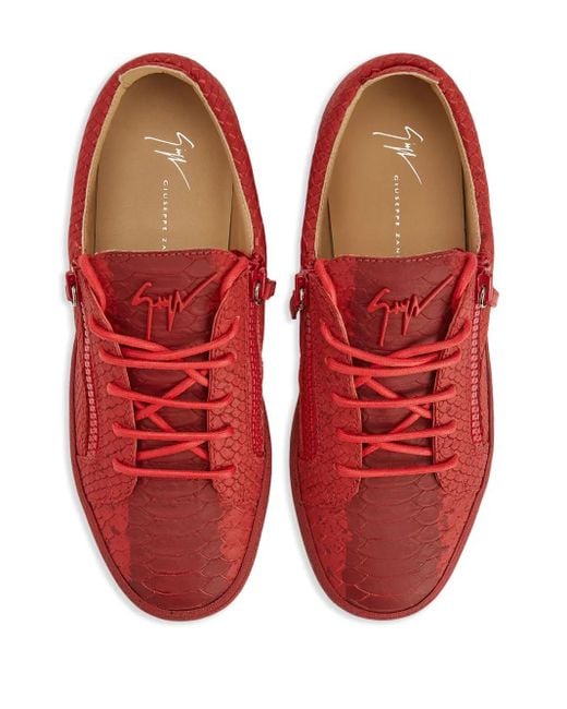 Giuseppe Zanotti Red Frankie Snakeskin-Effect Double-Zip Low-Top Sneakers for men