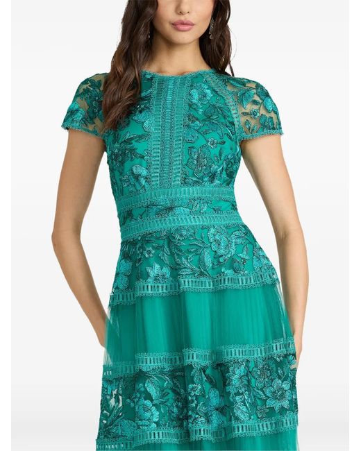 Tadashi Shoji Green Floral-Embroidered Tiered Midi Dress