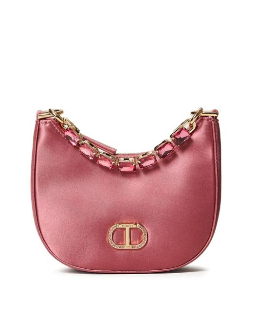 Twinset Pink Croissant Jewel-Embellished Satin Tote Bag