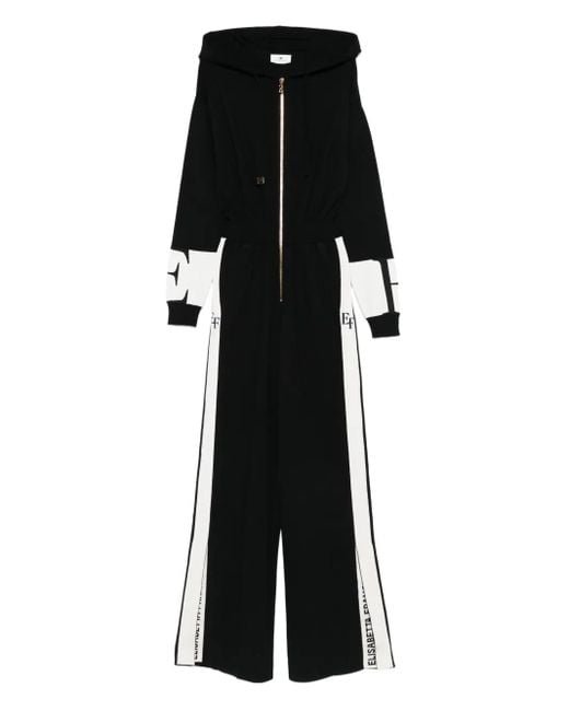 Elisabetta Franchi Black Hooded Side-Stripe Jumpsuit