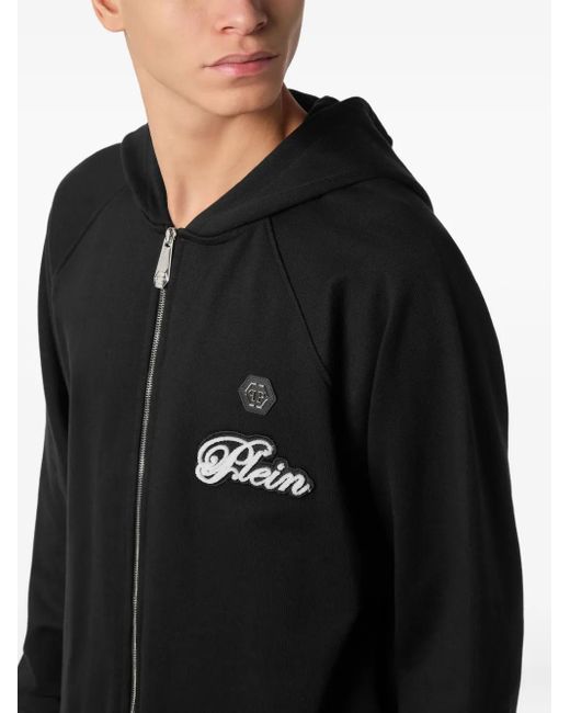 Philipp Plein Black Zip-Up Logo-Patch Hoodie for men