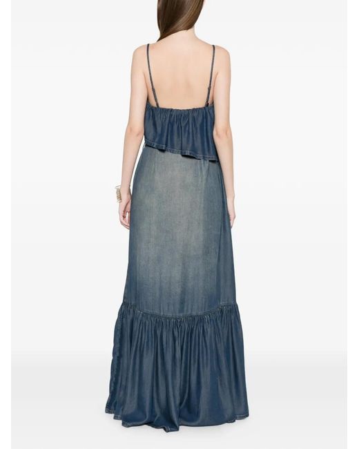 Pinko Blue Ruffled Belted Denim Maxi Dress