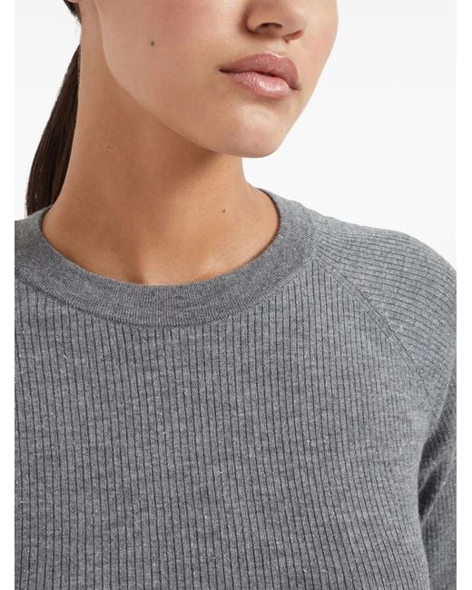 Brunello Cucinelli Gray Ribbed Speckle-Knit Top
