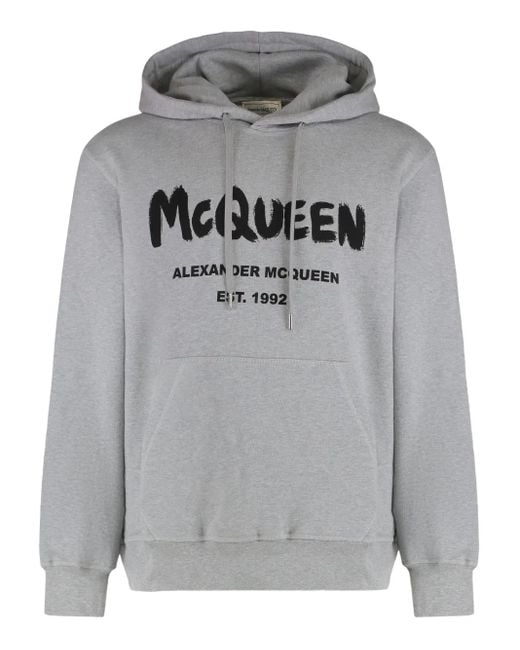 McQueen Gray Contrasting Logo Cotton Hoodie for men