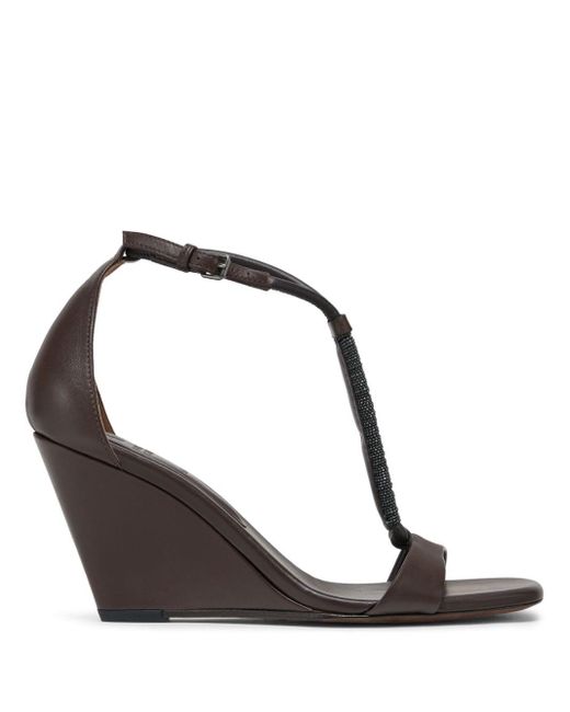 Brunello Cucinelli Black Leather Monili-trim Wedge Sandals